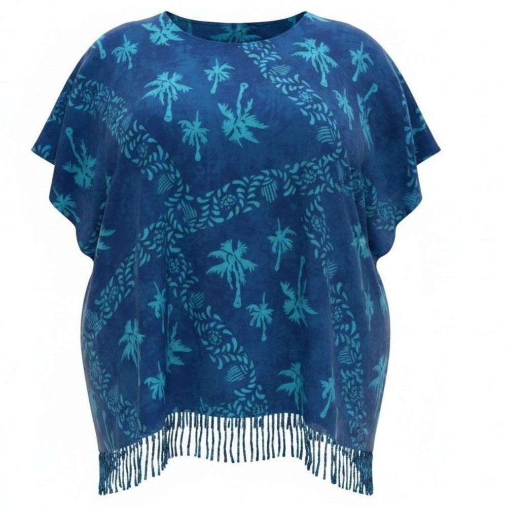 Bali Batiks‎ Blue Hand Painted Palm Tree Fringe Poncho Top Resort Wear NWT